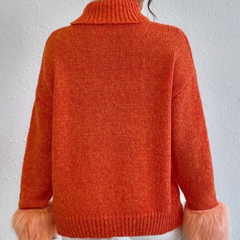 orange  faux fur Cuff TurtleNeck Knit Sweater Top - Picture 6 of 6